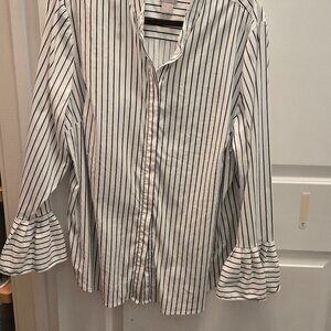 Chico's Black and White Striped Blouse with Ruffle Cuff